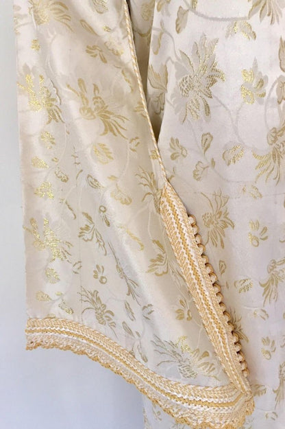 Vintage Moroccan Kaftan White and Gold Metallic Floral Brocade Caftan 1970's