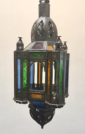 Moroccan Handcrafted Moorish Pendant Lantern with Multi-Color Glass