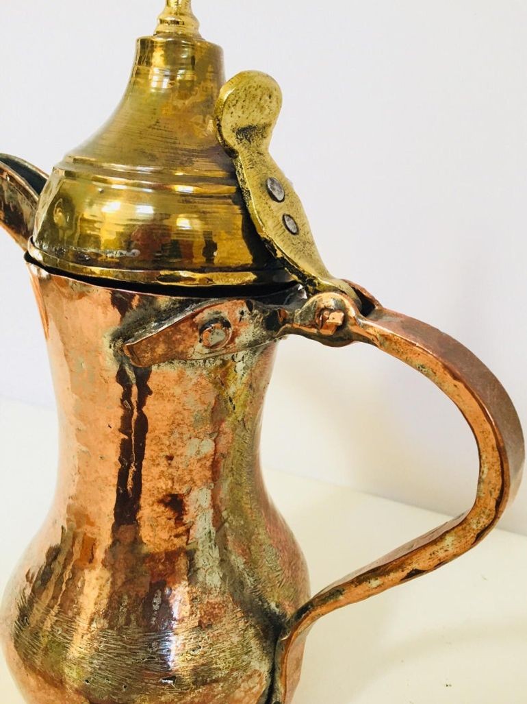 Antique Dallah Coffee Pot, Hand-Hammered Copper & Brass, Oman, 1890