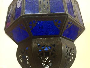 Handcrafted Moroccan Metal and Blue Glass Lantern, Octagonal Shape