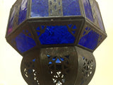 Handcrafted Moroccan Metal and Blue Glass Lantern, Octagonal Shape