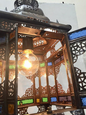 Moroccan Hall Lantern Light Fixture with Multi-Color Glass Moorish Style