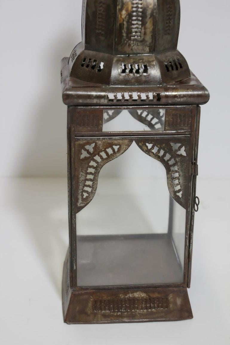 Moroccan Metal Candle Lantern in Moorish Square Metal and Clear Glass