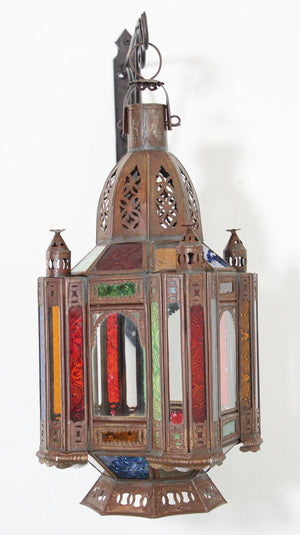 Vintage Moroccan Moorish Metal and Stained Glass Lantern or Pendant