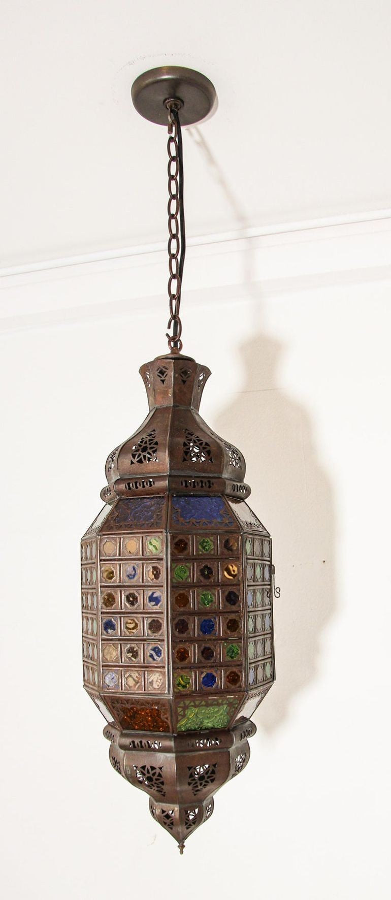 Moroccan Hanging Glass Lantern Moorish Metal Light Fixture with Stained Glass