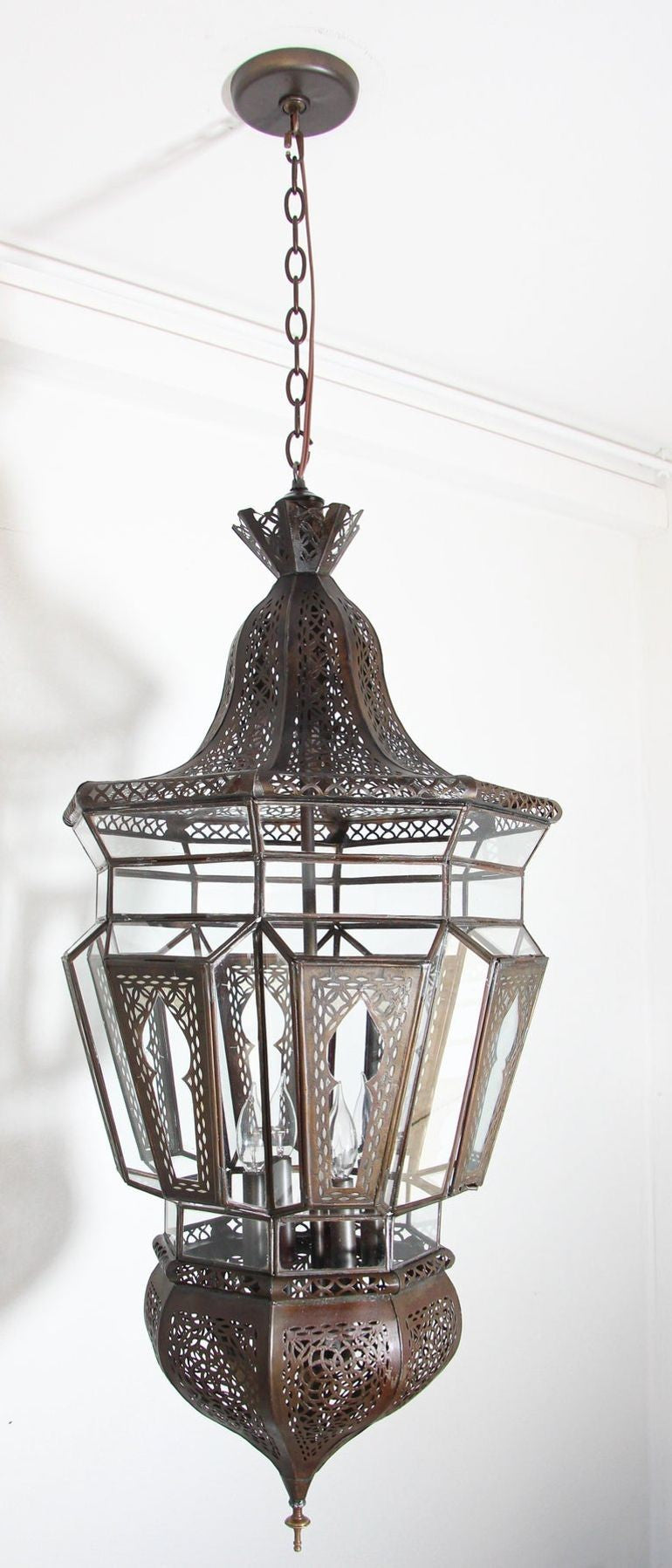 Vintage Moroccan Moorish Clear Glass Pierced Metal Lantern Chandelier, 1980s