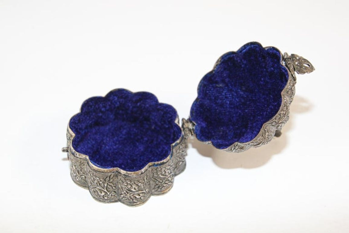 Antique Mughal Silver Chased Collectible Box Trinket Pandan Box, North India