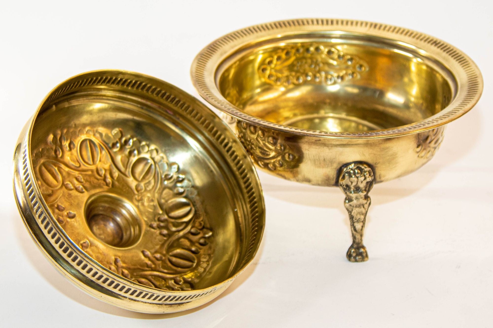 1940s Antique Round Moroccan Brass Serving Dish with Dome Lid and Paw Lion Feet.