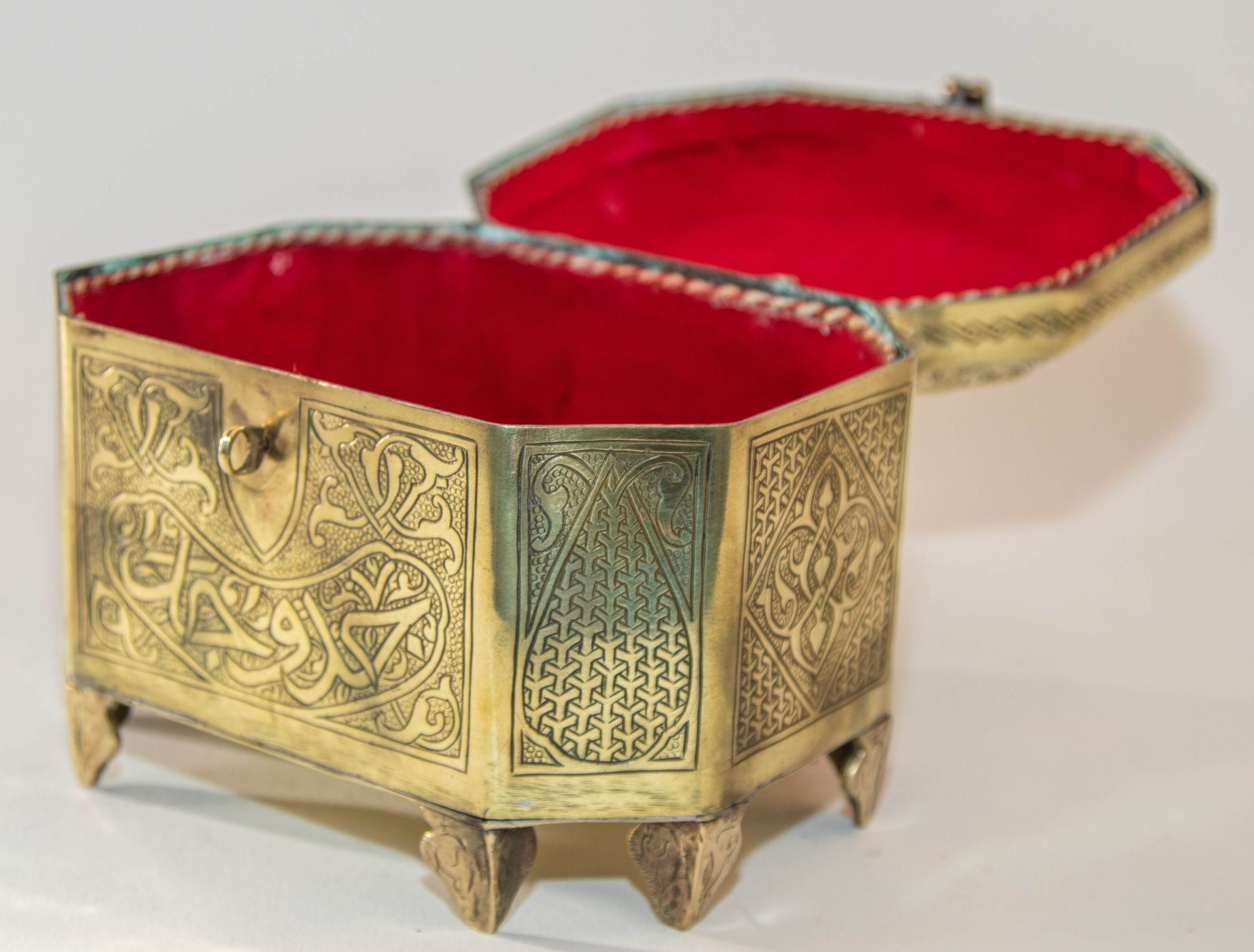Persian Brass Jewelry Box in Mamluk Revival Damascene Moorish Islamic Style 1920