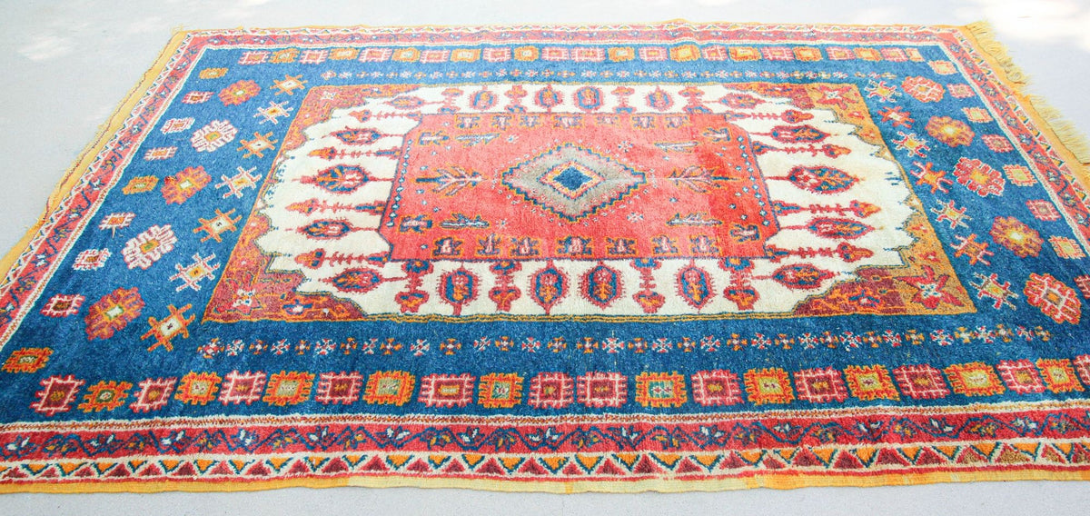 1960s Moroccan Berber Rug in Royal Blue, Pink and Orange Colors