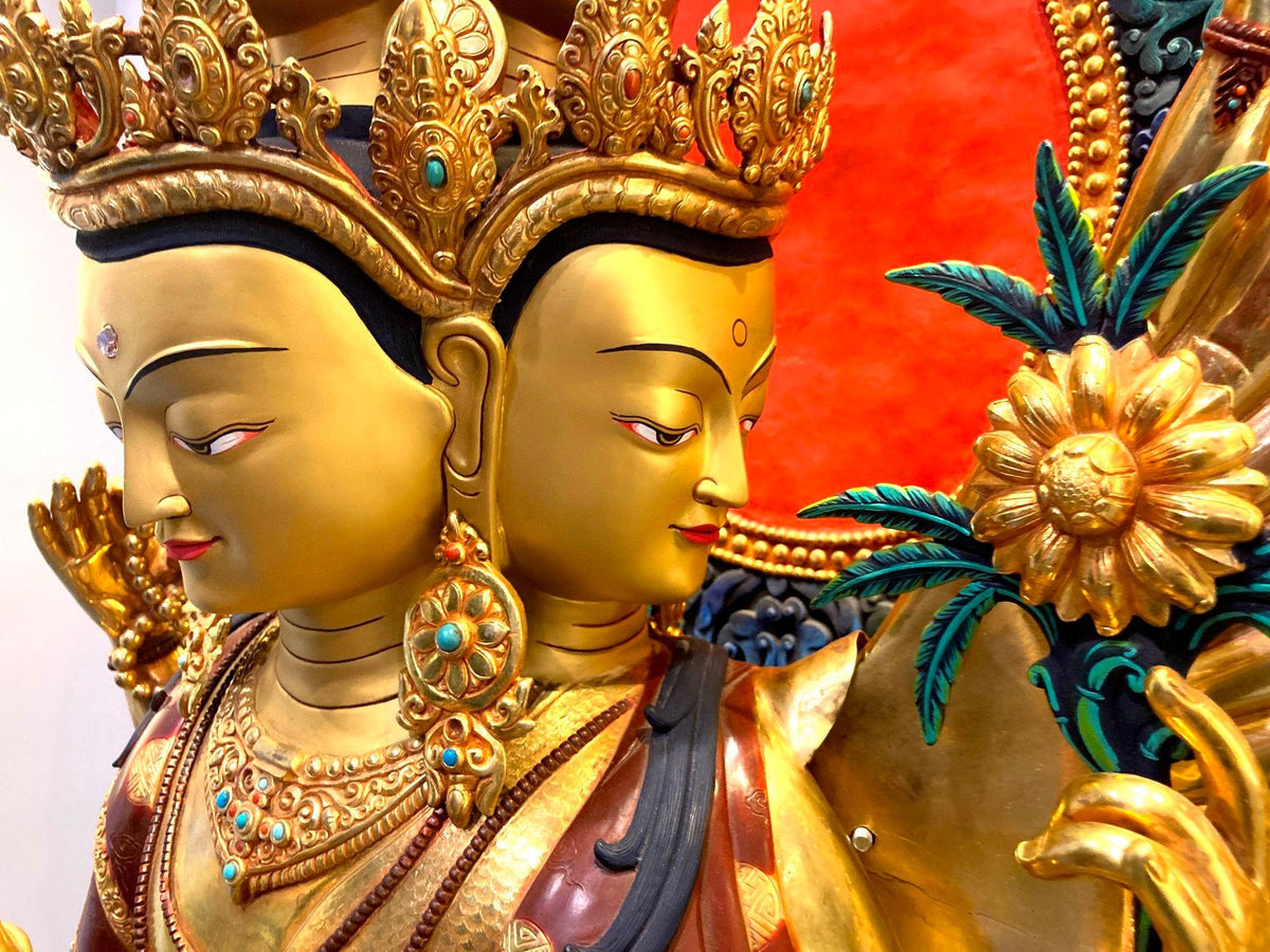 Handcrafted Oversized Gilt and Polychrome Copper Avalokiteshvara Statue, Nepal — detail view 10