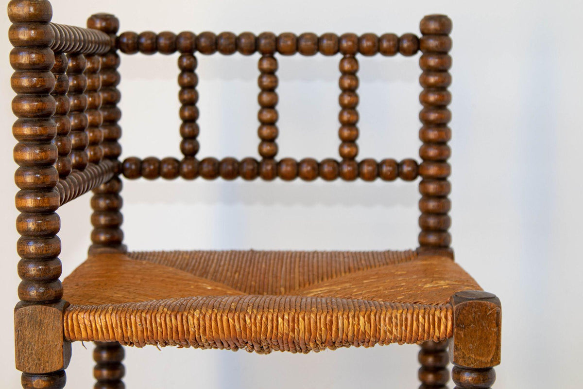 19th Century Antique French Bobbin Rush Corner Chair in Carved Oak — France