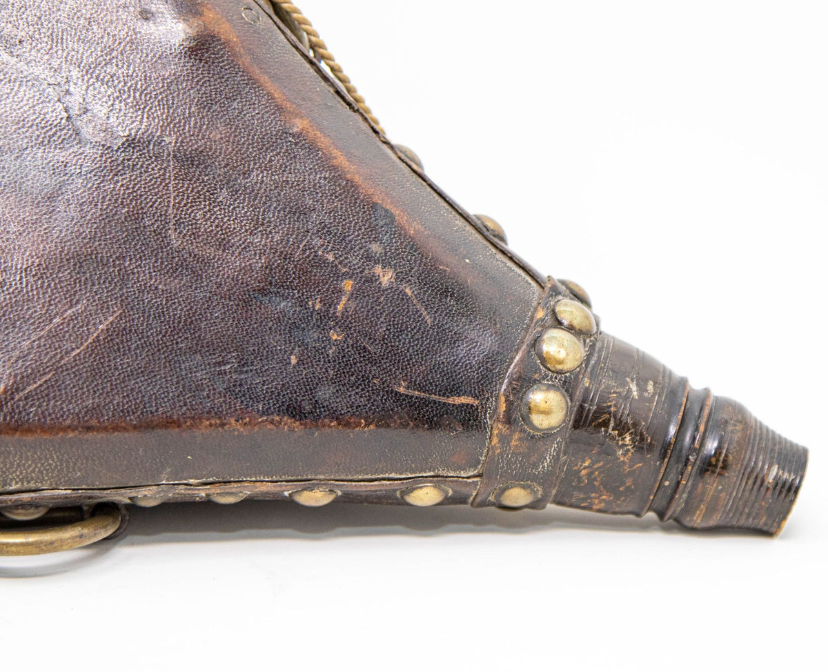Antique Moroccan Carved Wood and Tooled Leather Powder Flask, 19th Century