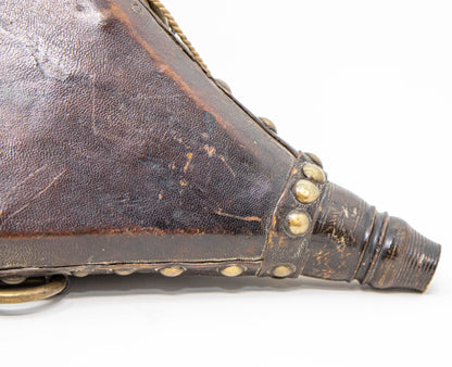 Antique Moroccan Carved Wood and Tooled Leather Powder Flask, 19th Century