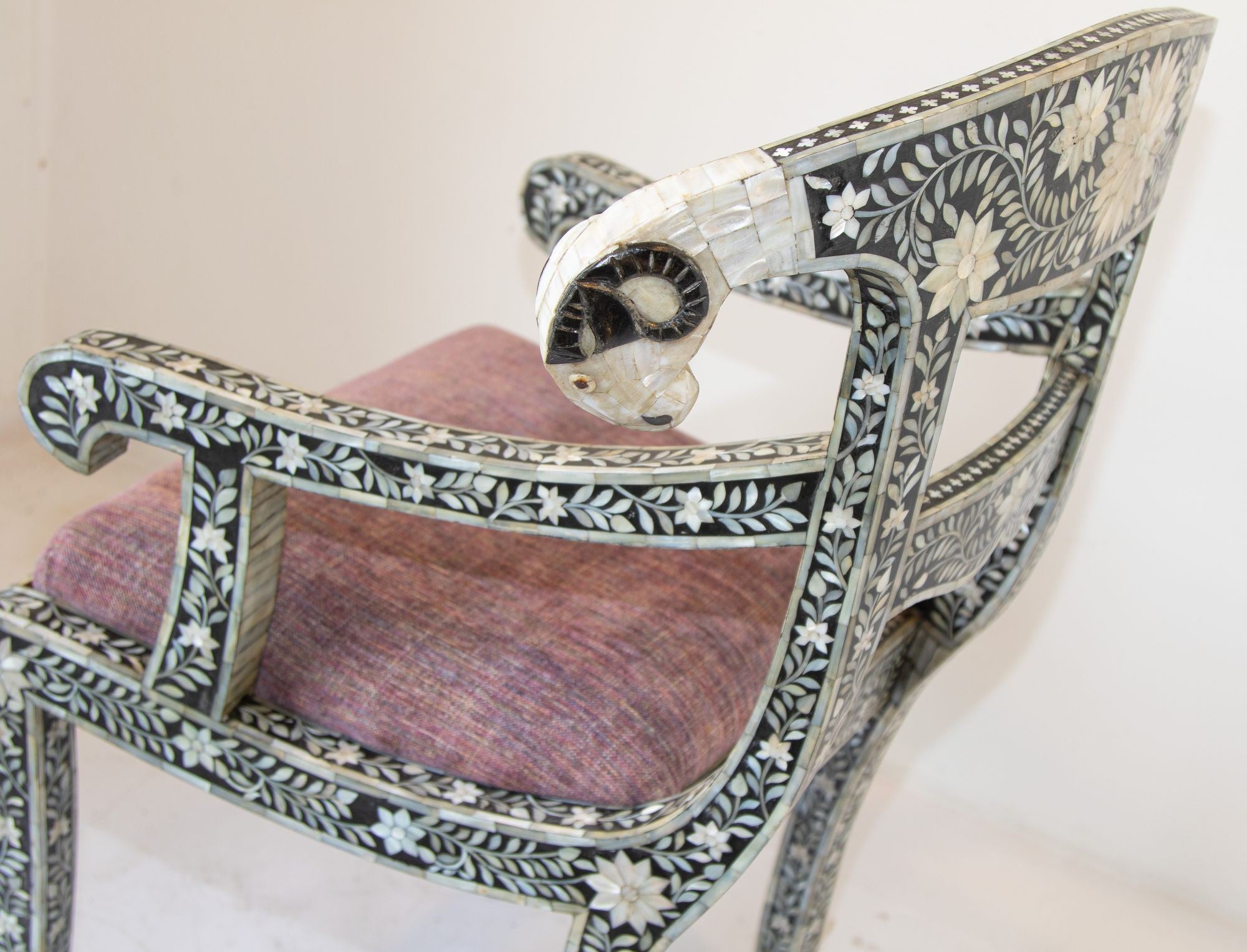 Anglo-Indian Mughal Mother of Pearl Inlaid Klismos Armchair with Ram Head 1 of 2