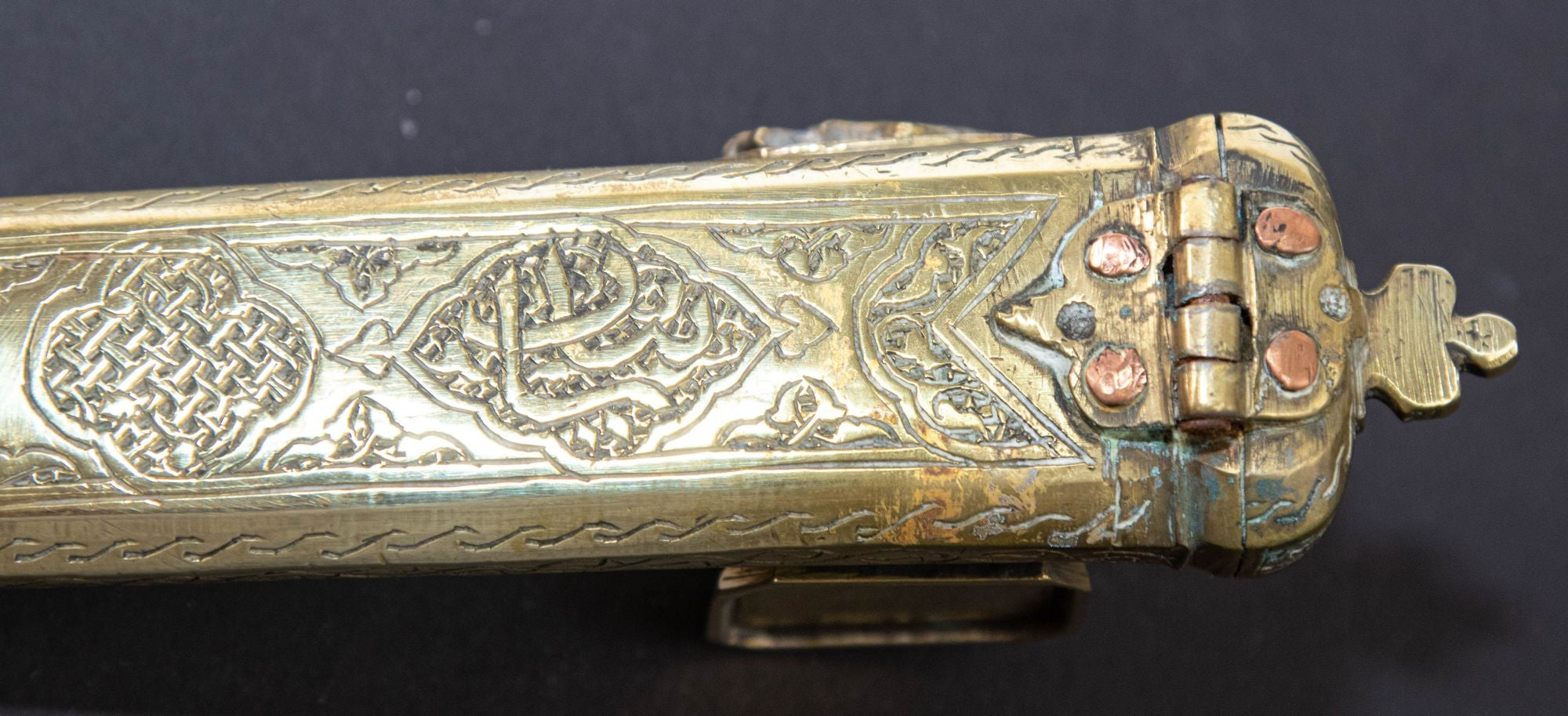 Antique 19th C. Ottoman Turkish Brass Inkwell Qalamdan with Arabic Calligraphy Writing