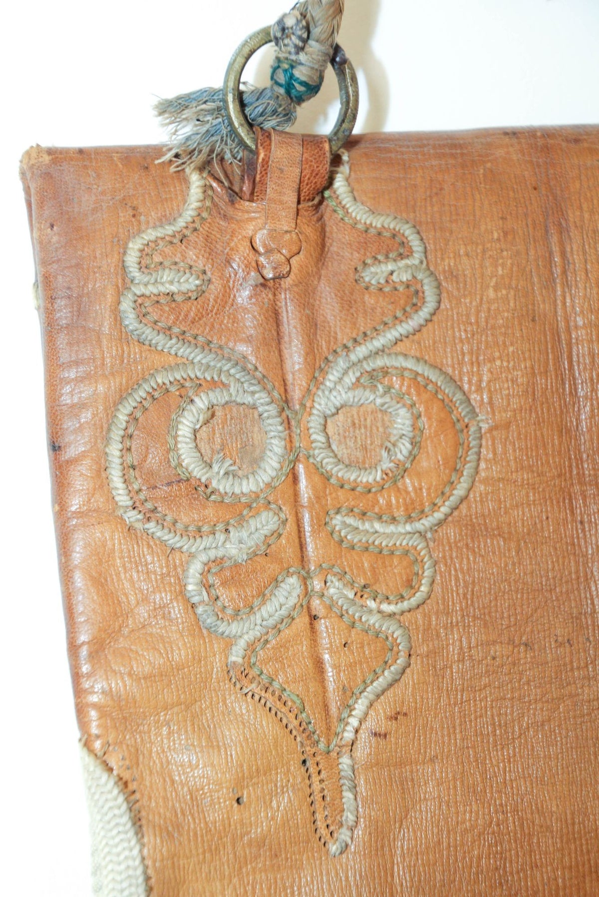 Antique Hand Tooled Leather African Tribal Moroccan Bag Collectible, 1940s