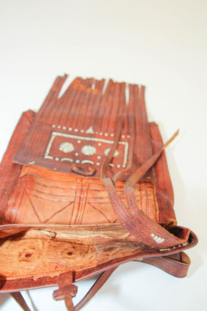 Moroccan Vintage Leather Handcrafted African Tuareg Bag with Fringes Wall Art