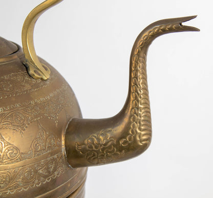 Monumental Moroccan Engraved Brass Tea Kettle on Stand