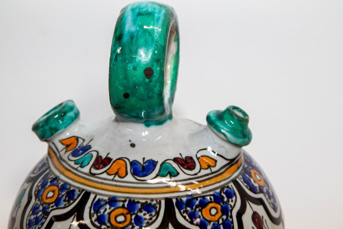 Vintage 1940s Moroccan Fez Polychrome Ceramic Water Moorish Hand-Painted Jug