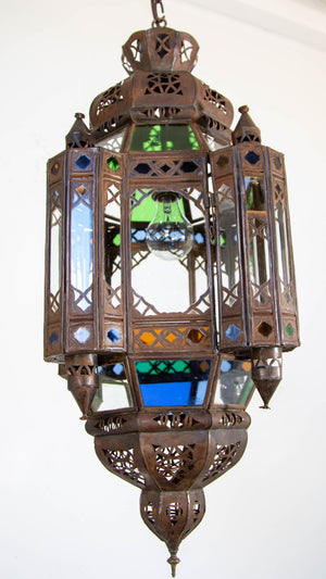 Vintage Moroccan Traditional Moorish Metal and Glass Lantern Ceiling Light