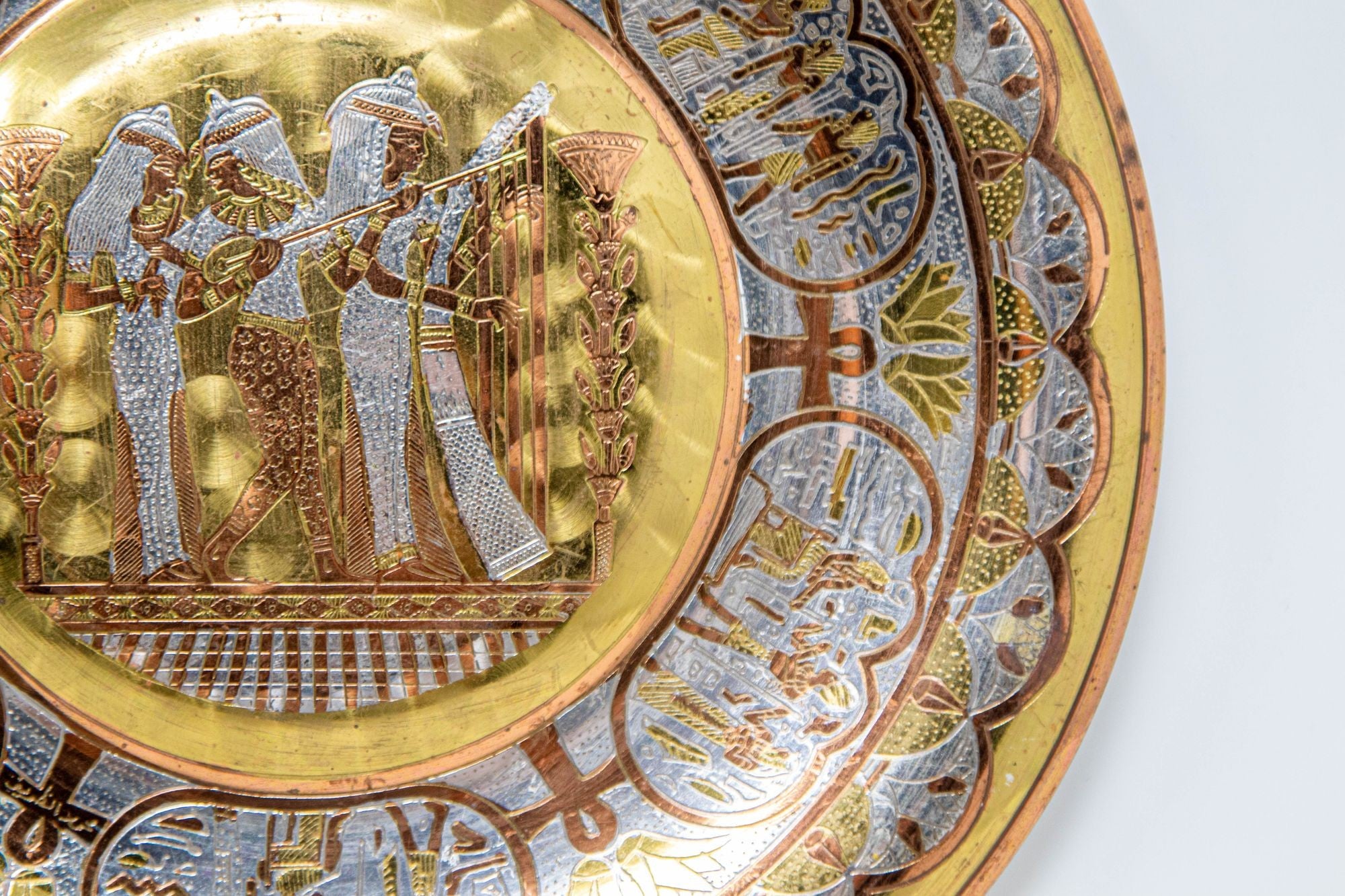 Egyptian Round Brass Tray with Silver and Copper Overlay Wall Hanging 1970