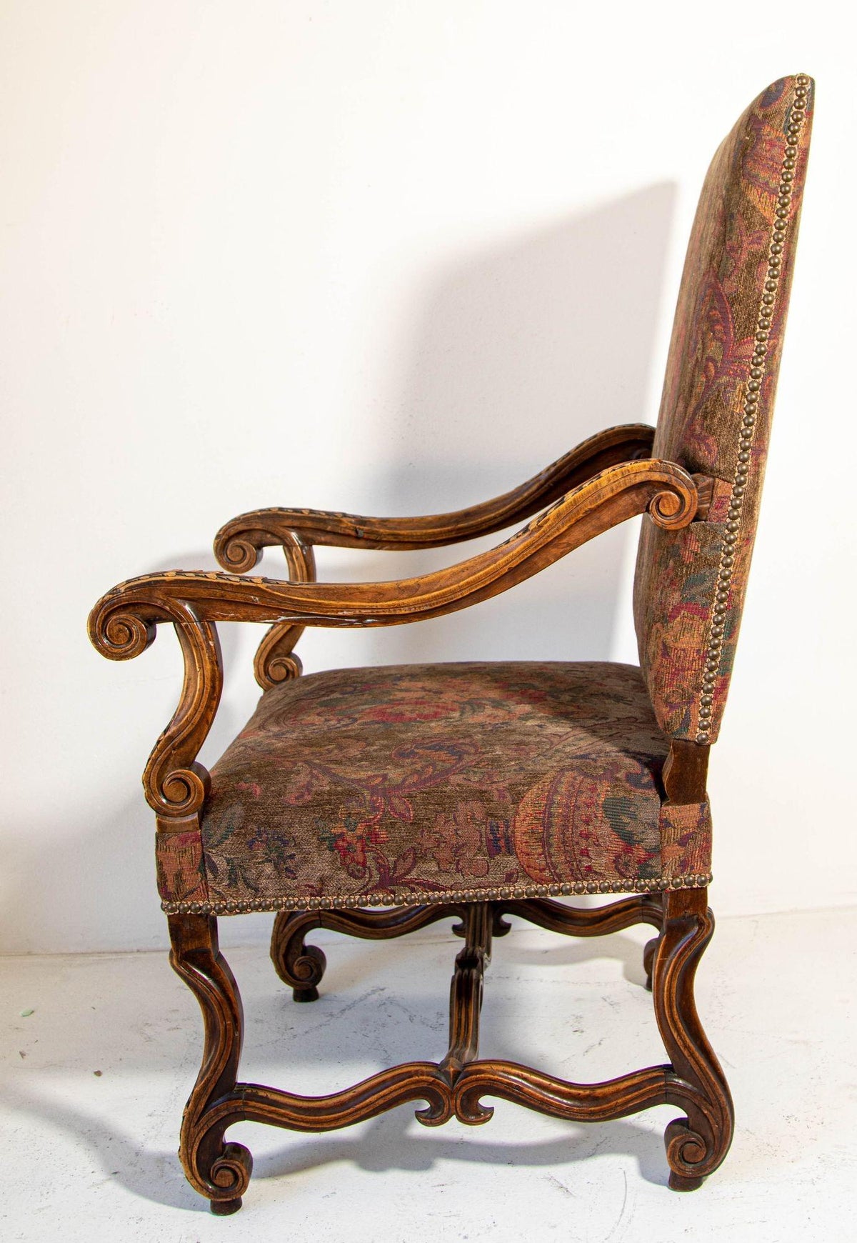 French Baroque Walnut Armchairs with Aubusson Upholstery, Circa 1930 — detail view 11