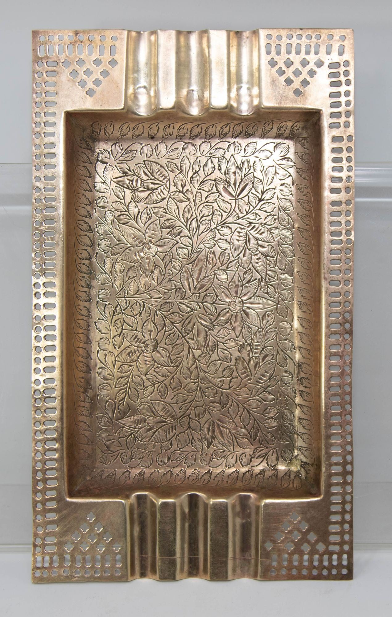 Large Moroccan Moorish Etched Brass Ashtray 1950s