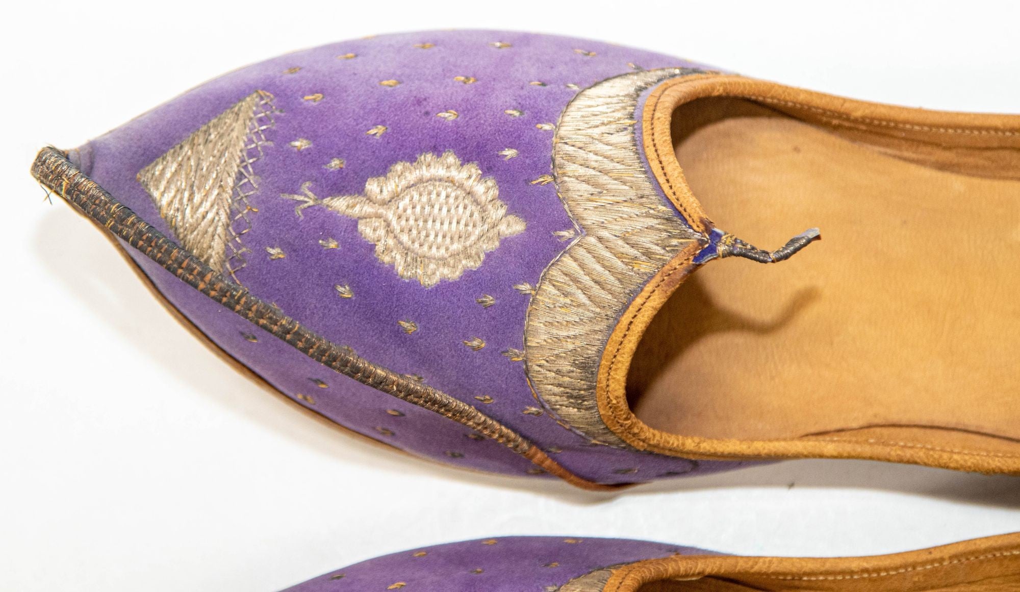 Antique Leather Purple Velvet Suede Mughal Raj Moorish Shoes Gold Embroidered