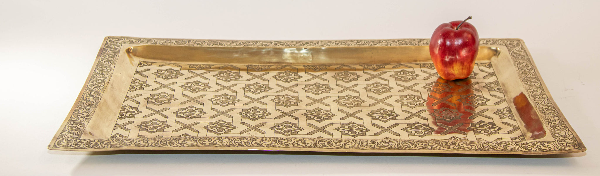 1940s Moroccan Brass Tray Rectangular Shape Polished Gold Brass Serving Platter