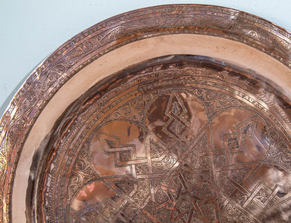 Antique Oversized Moroccan Metal Copper Tray 31 in Diameter