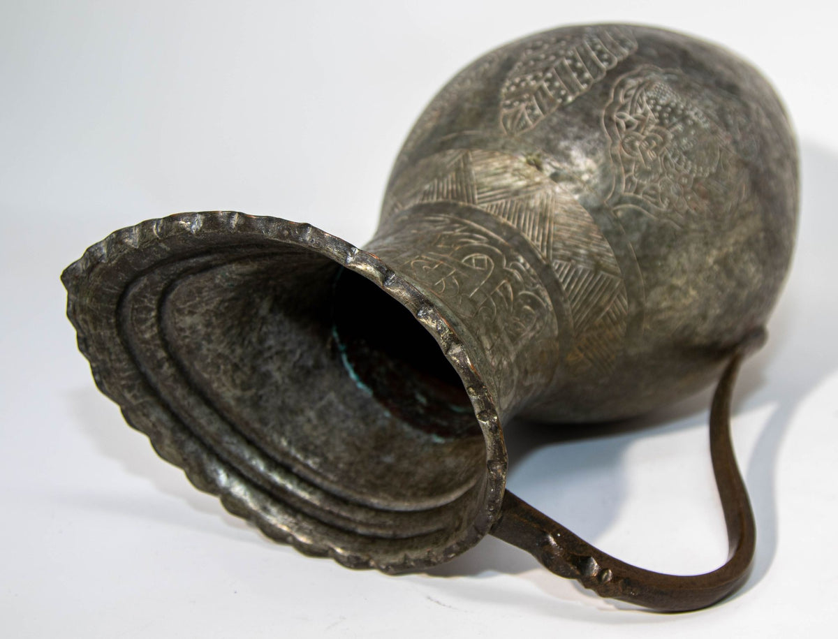 19th Century Persian Qajar Engraved Tinned Copper Ewer Pitcher