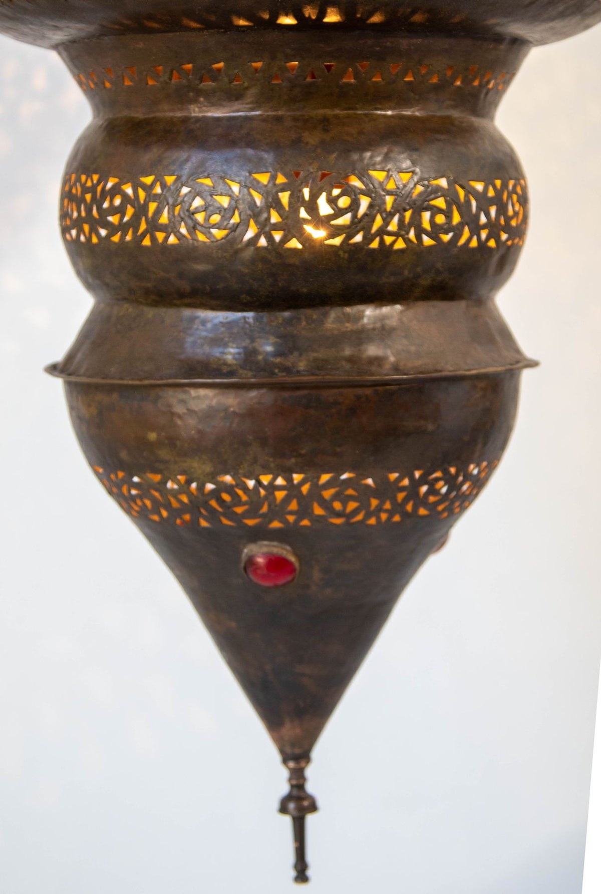 Large Moroccan Moorish Pierced Brass Chandelier with Colored Glass, circa 1940