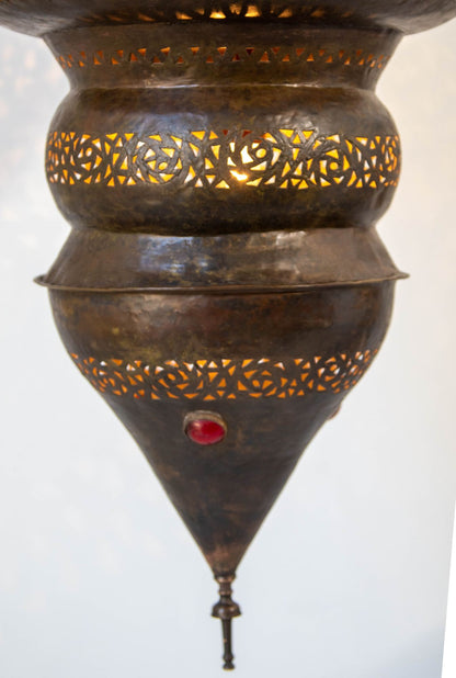 Large Moroccan Moorish Pierced Brass Chandelier with Colored Glass, circa 1940