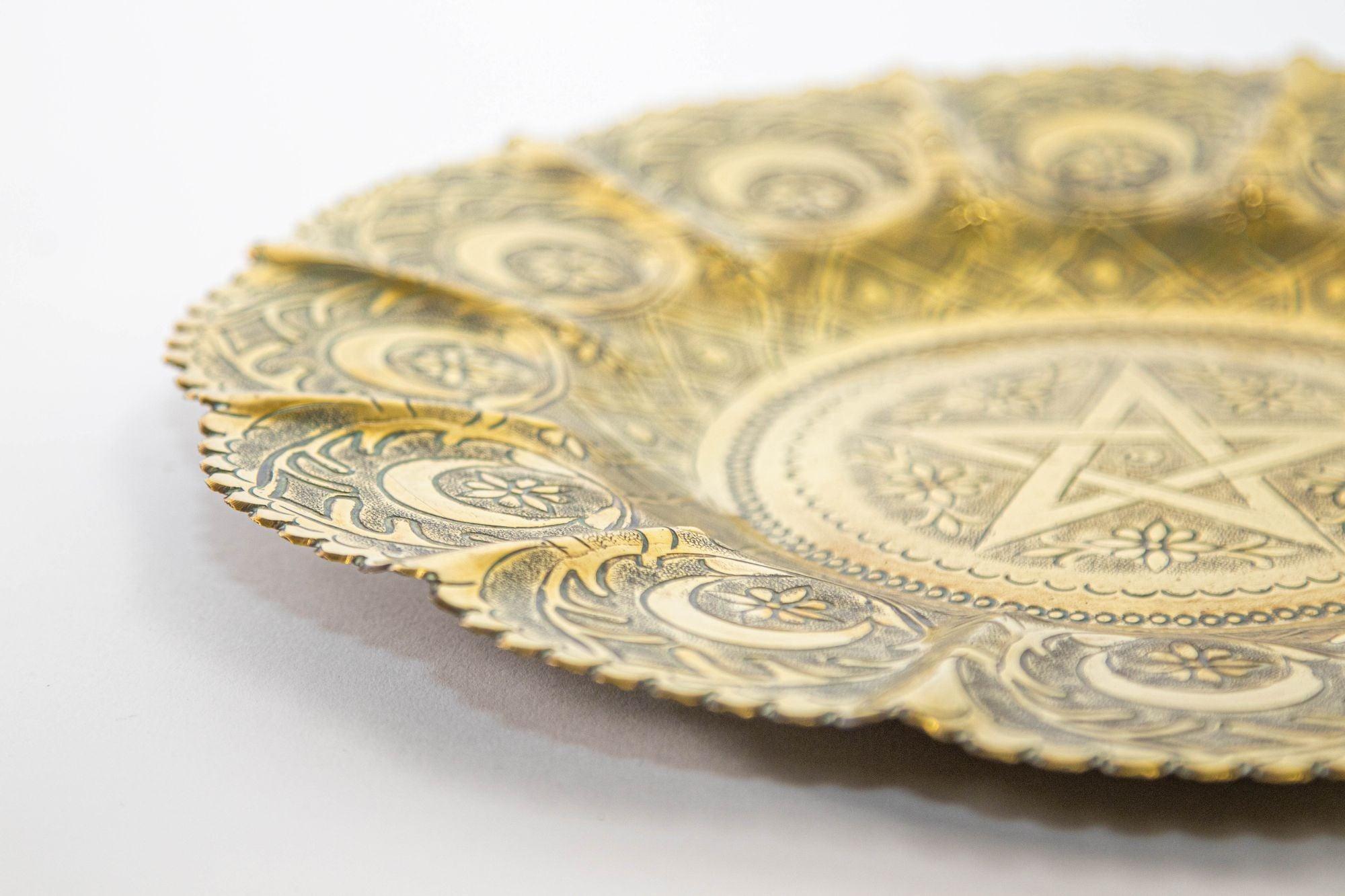 1950s Moroccan Brass Tray with Star and Moon Pattern 13 in. Diameter