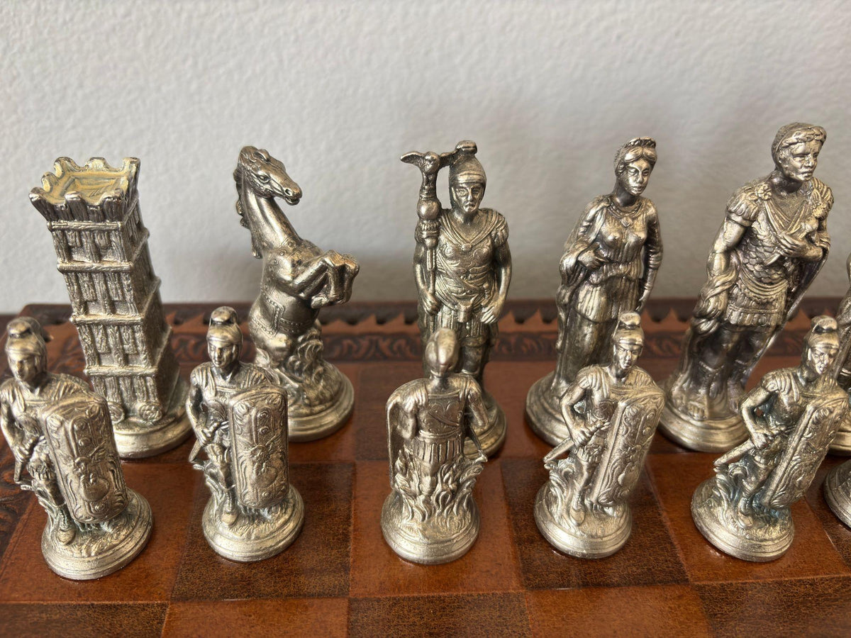 Italian Roman-Style Chess Set Cast Metal and Leather Leather Board Circa 1960 — detail view 11