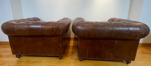 Vintage English Brown Leather Tufted Chesterfield Club Armchairs a Pair