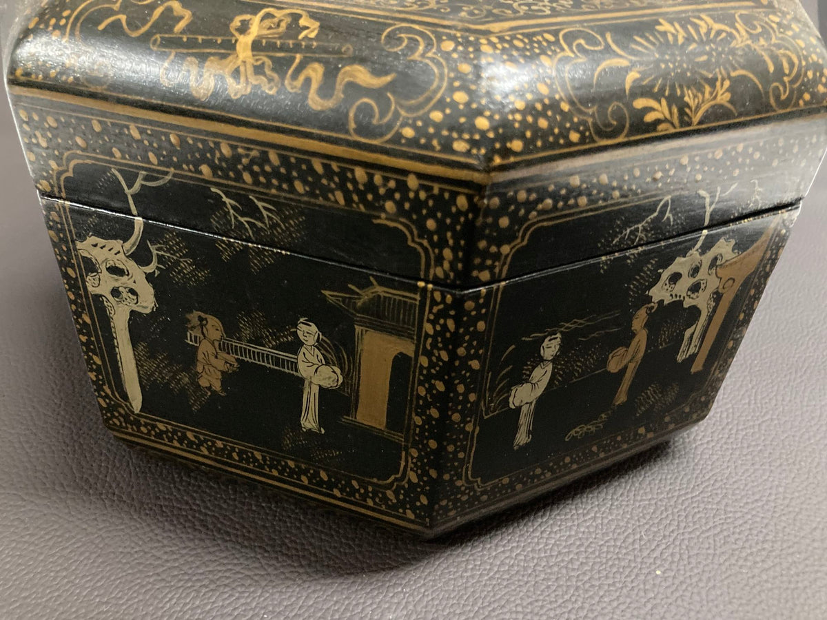 Large Chinese Tea Box Black Lacquered Gilt Hand Painted Octagonal Box 1940s
