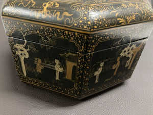 Large Chinese Tea Box Black Lacquered Gilt Hand Painted Octagonal Box 1940s