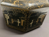 Large Chinese Tea Box Black Lacquered Gilt Hand Painted Octagonal Box 1940s