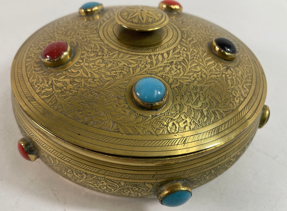 Vintage Moroccan Jewelled Trinket Brass Round Box with Beads