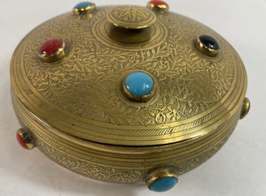 Vintage Moroccan Jewelled Trinket Brass Round Box with Beads