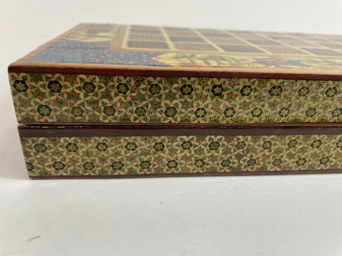 Vintage Persian Micro Mosaic Chess Box, Handcrafted Fruitwood, 1950s