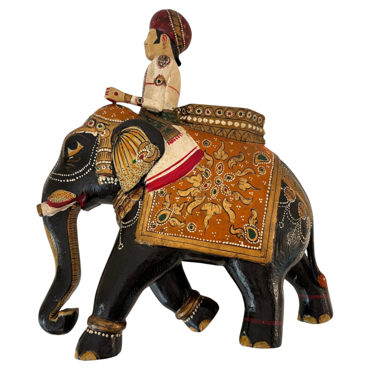 Antique Anglo-Raj Hand-Carved Teak Elephant with Rider Polychrome Sculpture — additional view 6