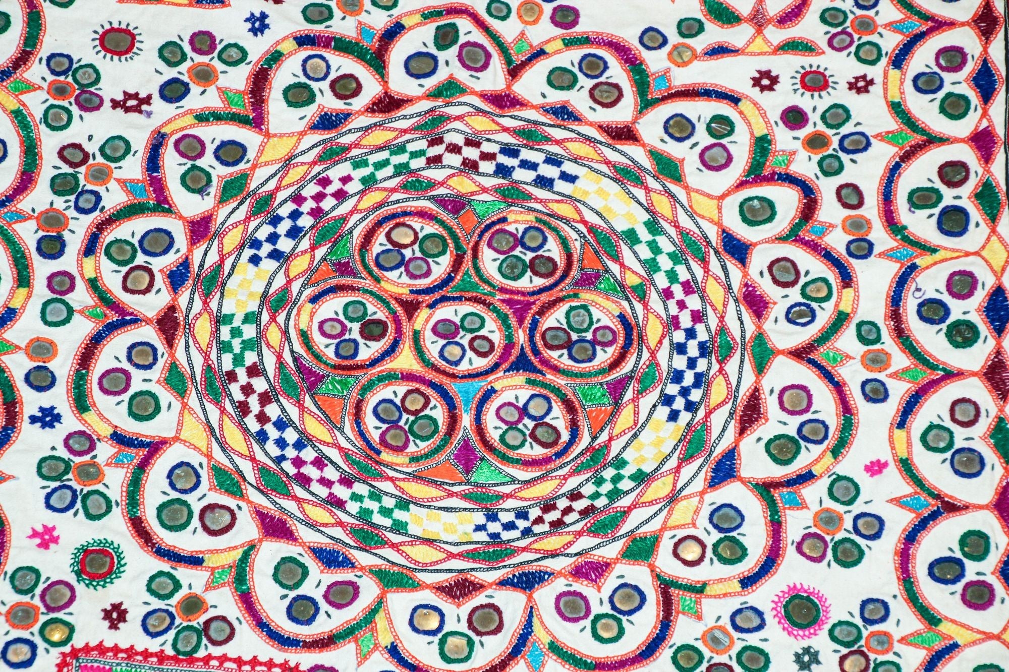 1920's Indian Gujarati Rabari Kutch Silk Embroidered Ethnic Textile with Mirror