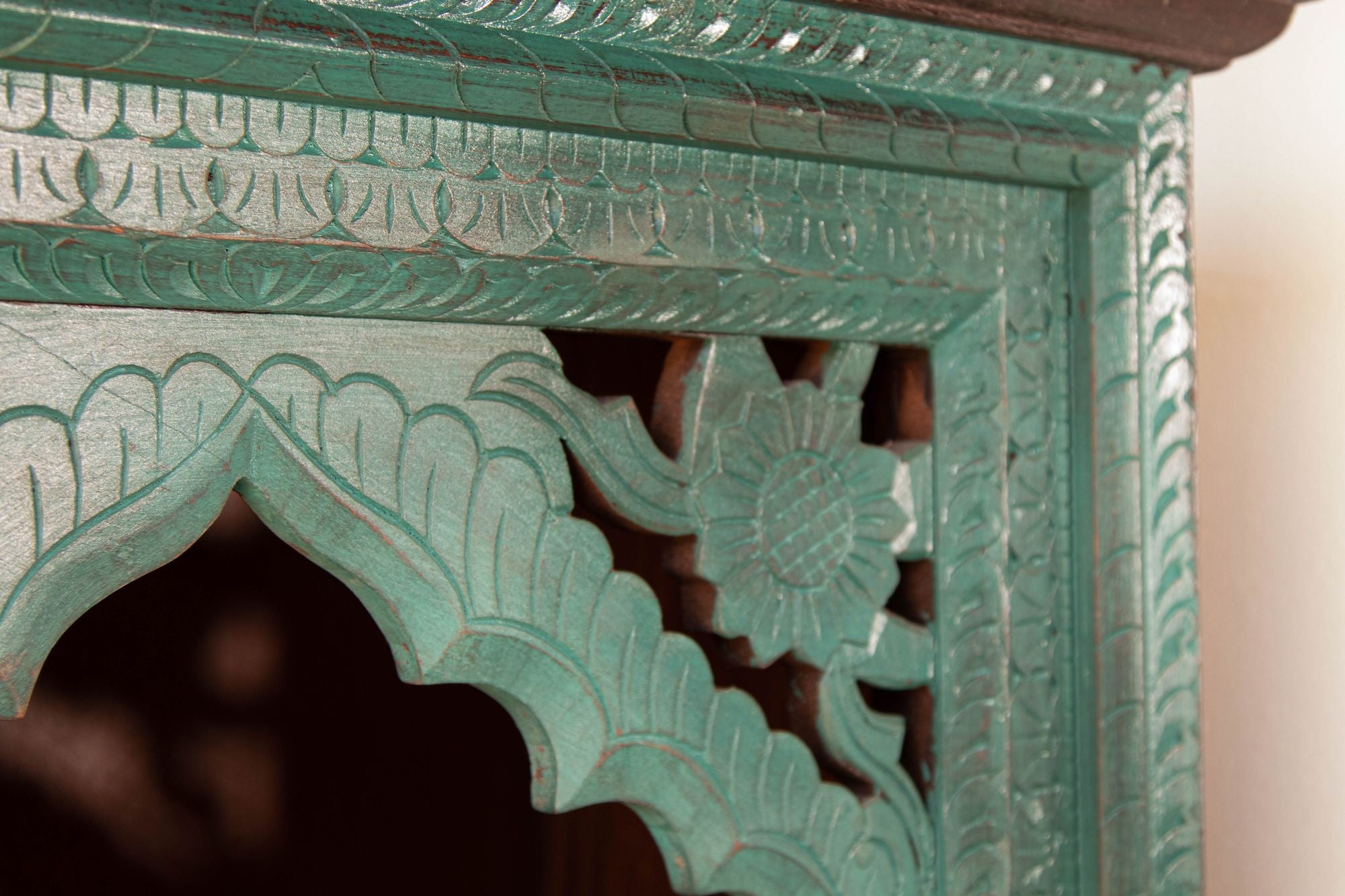 Hand-Carved Arch Bookshelf Wooden Cabinet in Rustic Blue