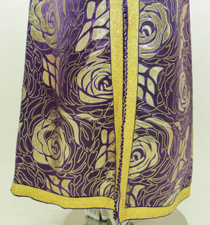 Moroccan Caftan Purple and Gold Damask Embroidered Vintage Kaftan 1960s