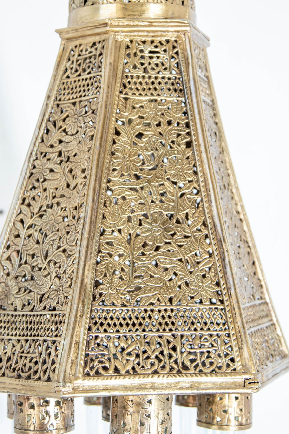 Antique Mamluk Turkish Pierced Brass Hanging Hexagonal Pendant Light Fixture