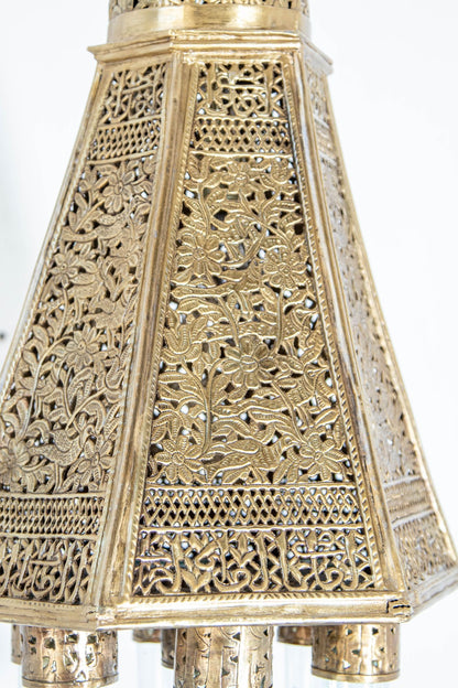 Antique Mamluk Turkish Pierced Brass Hanging Hexagonal Pendant Light Fixture