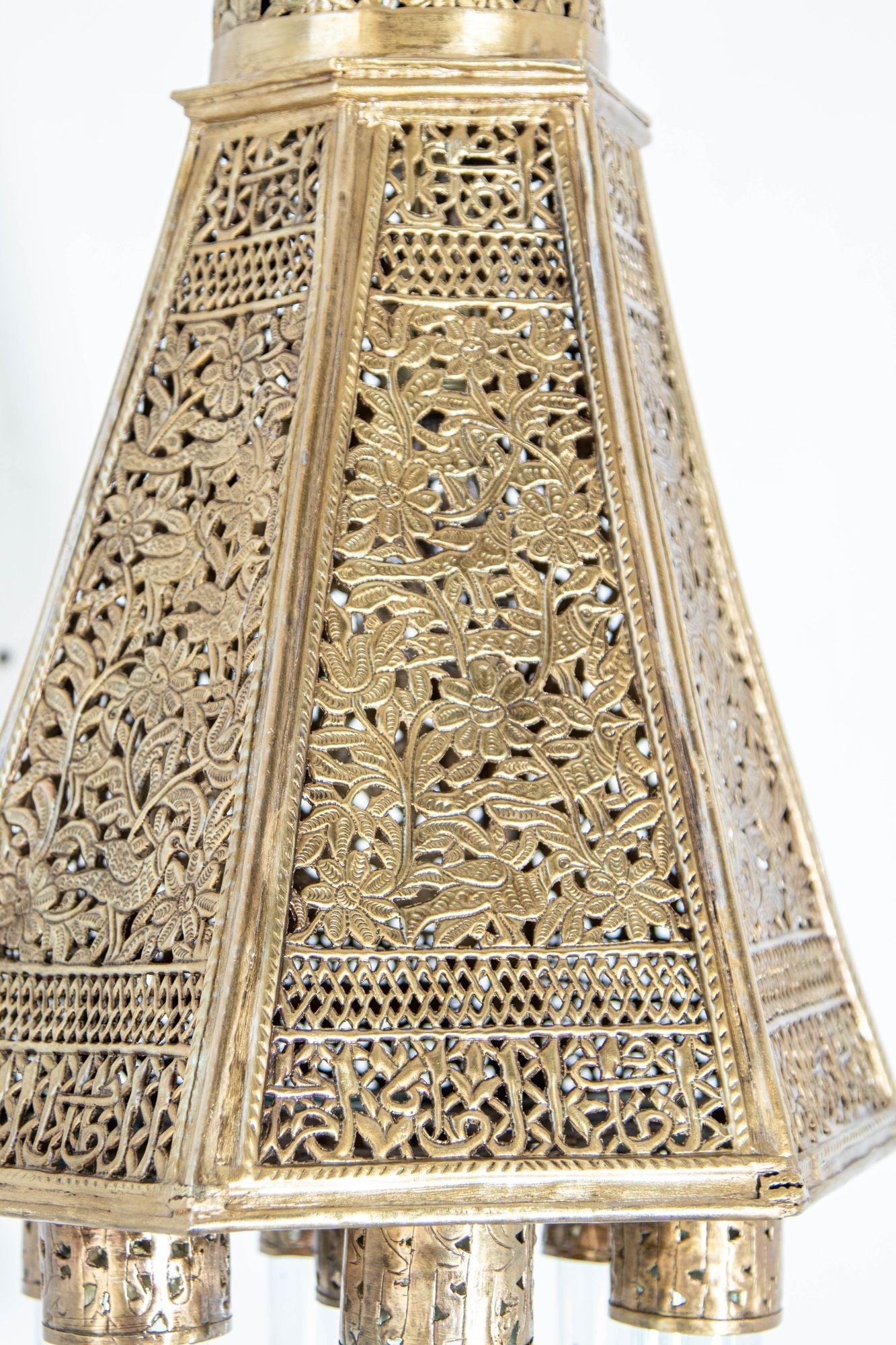 Antique Mamluk Turkish Pierced Brass Hanging Hexagonal Pendant Light Fixture